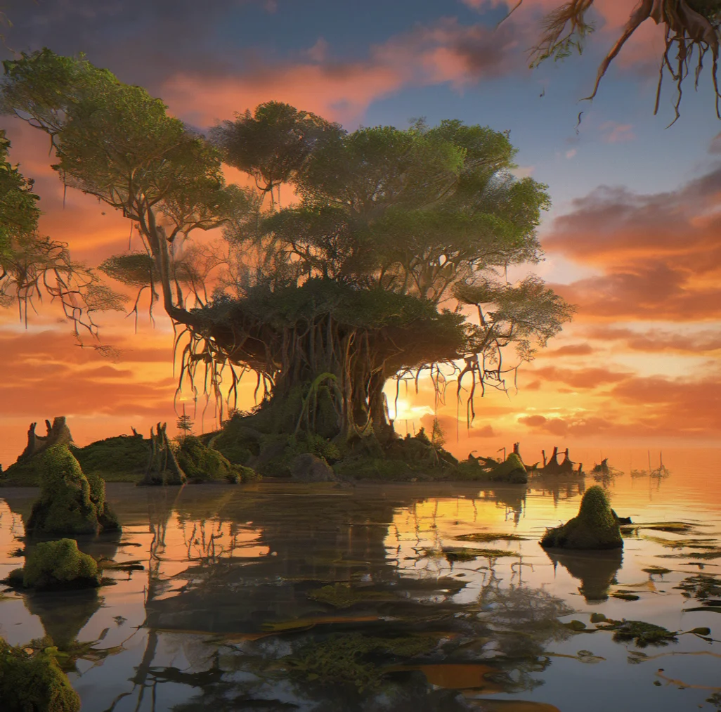 Mangrove wetlands at dusk with water channels reflecting orange sky, phosphorescent moss glowing faintly on partially submerged roots