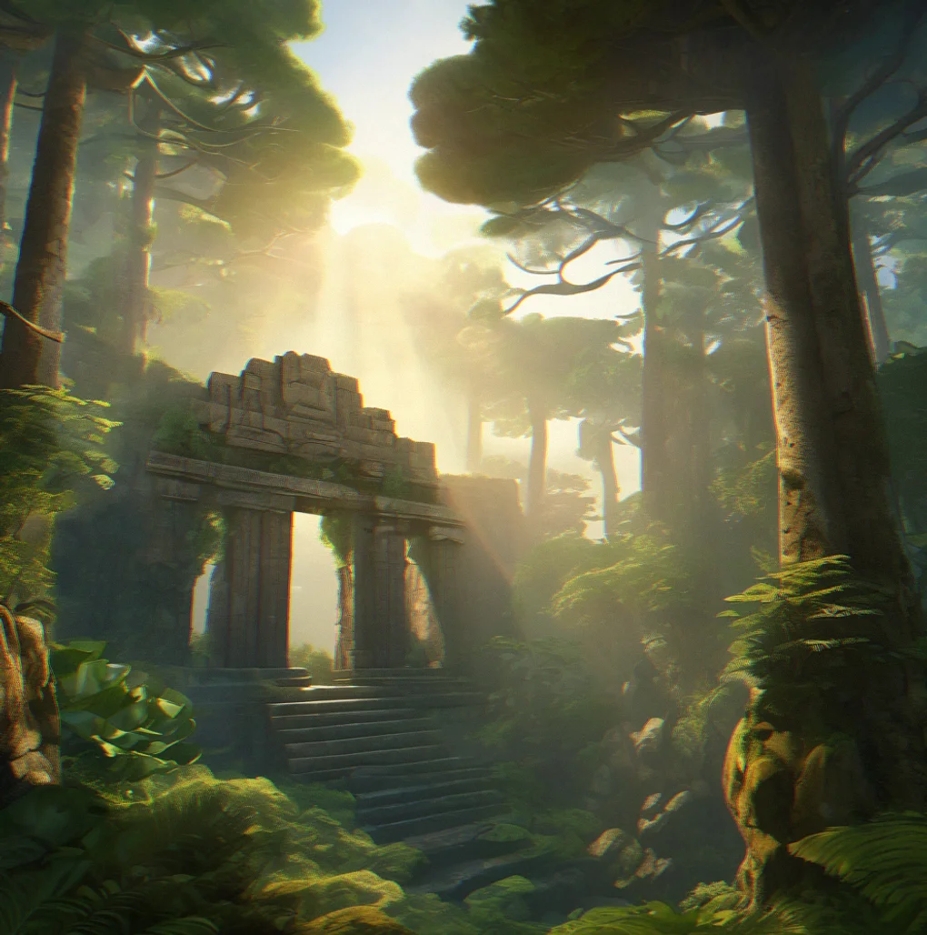 Dense pine forest interior with dappled sunlight filtering through canopy, ancient stone temple doorway visible through mist