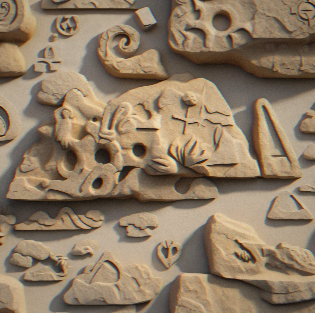 Close-up of carved limestone symbols weathered by time, casting long shadows across stone surface