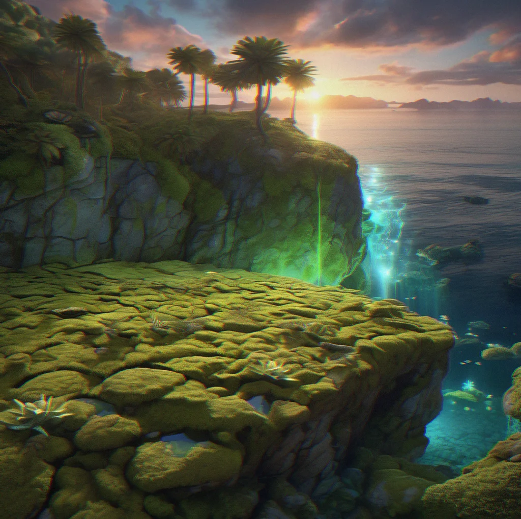 Hand collecting phosphorescent moss from wet rock face, with fiber and stone fragments scattered nearby