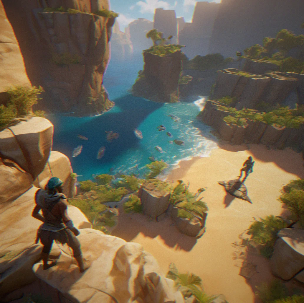 Player character scaling a vertical canyon wall using hand-over-hand climbing technique on carved holds