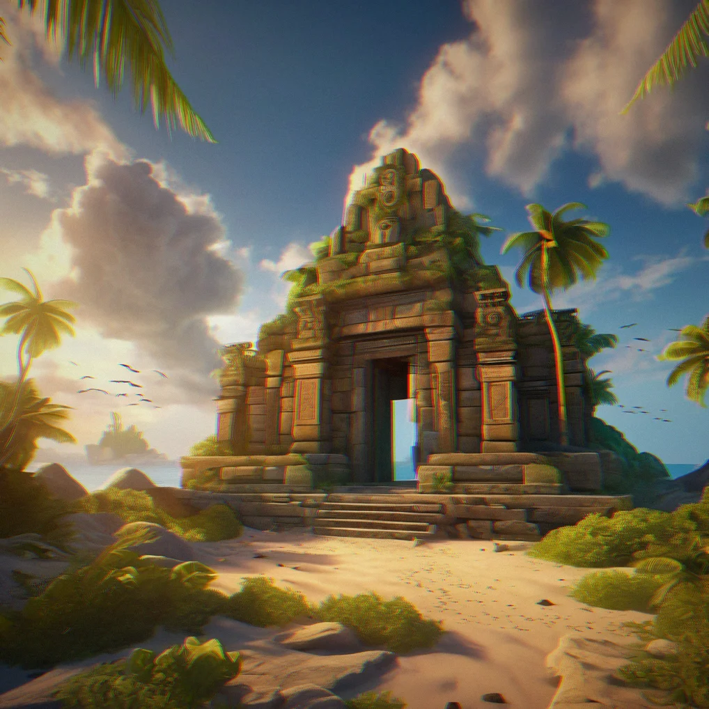 Ancient temple entrance with stone doors slowly creaking open, revealing warm light from within