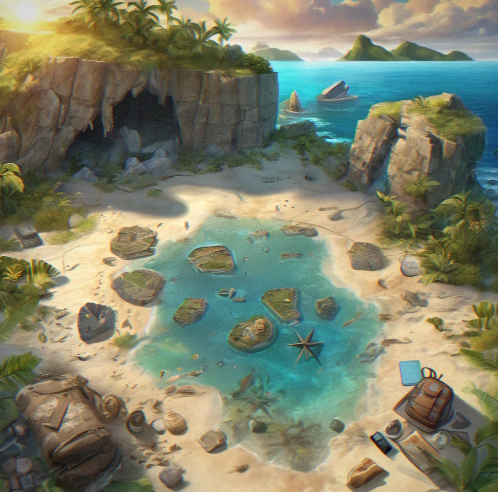 Dig site with an open journal, stone tools scattered around, and artifacts laid out on a worn map
