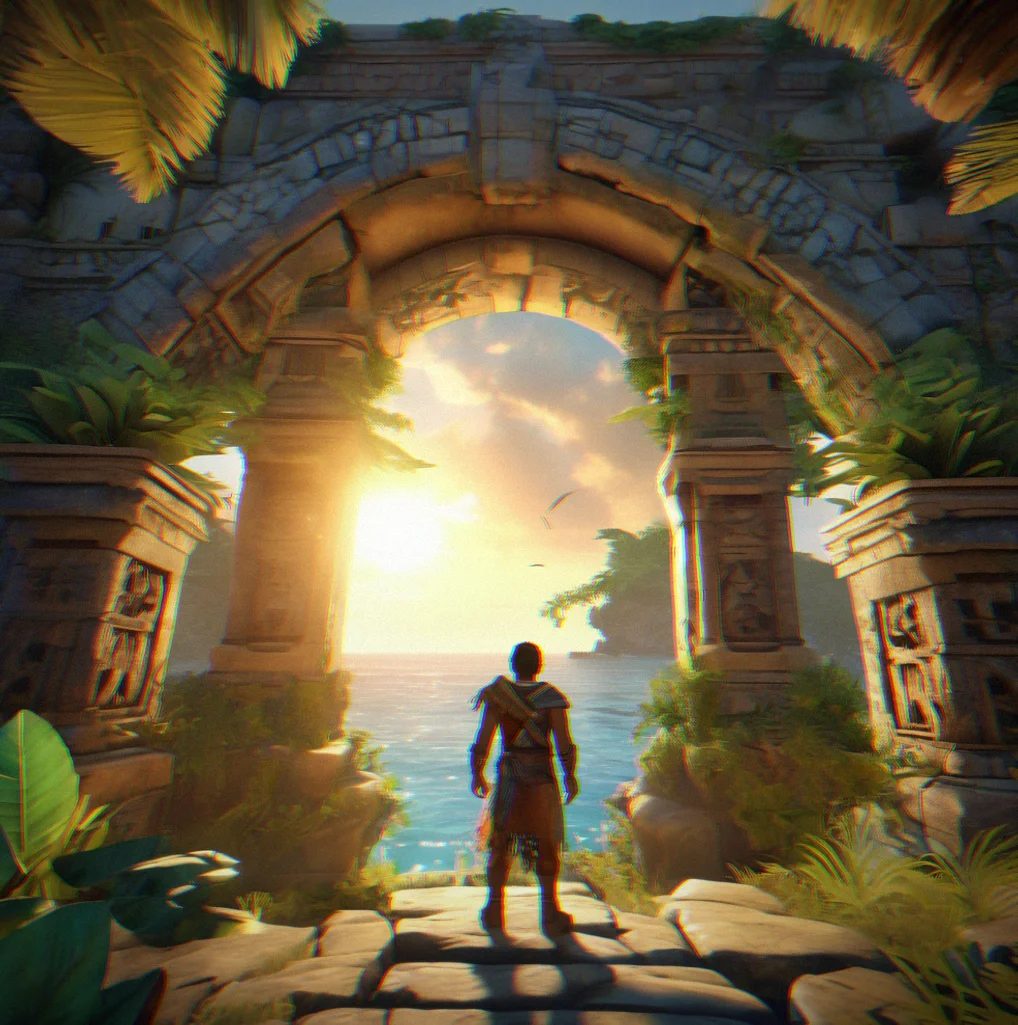 Player character standing in front of a stone archway with intricate carved patterns, sunlight cutting through gaps in ancient masonry