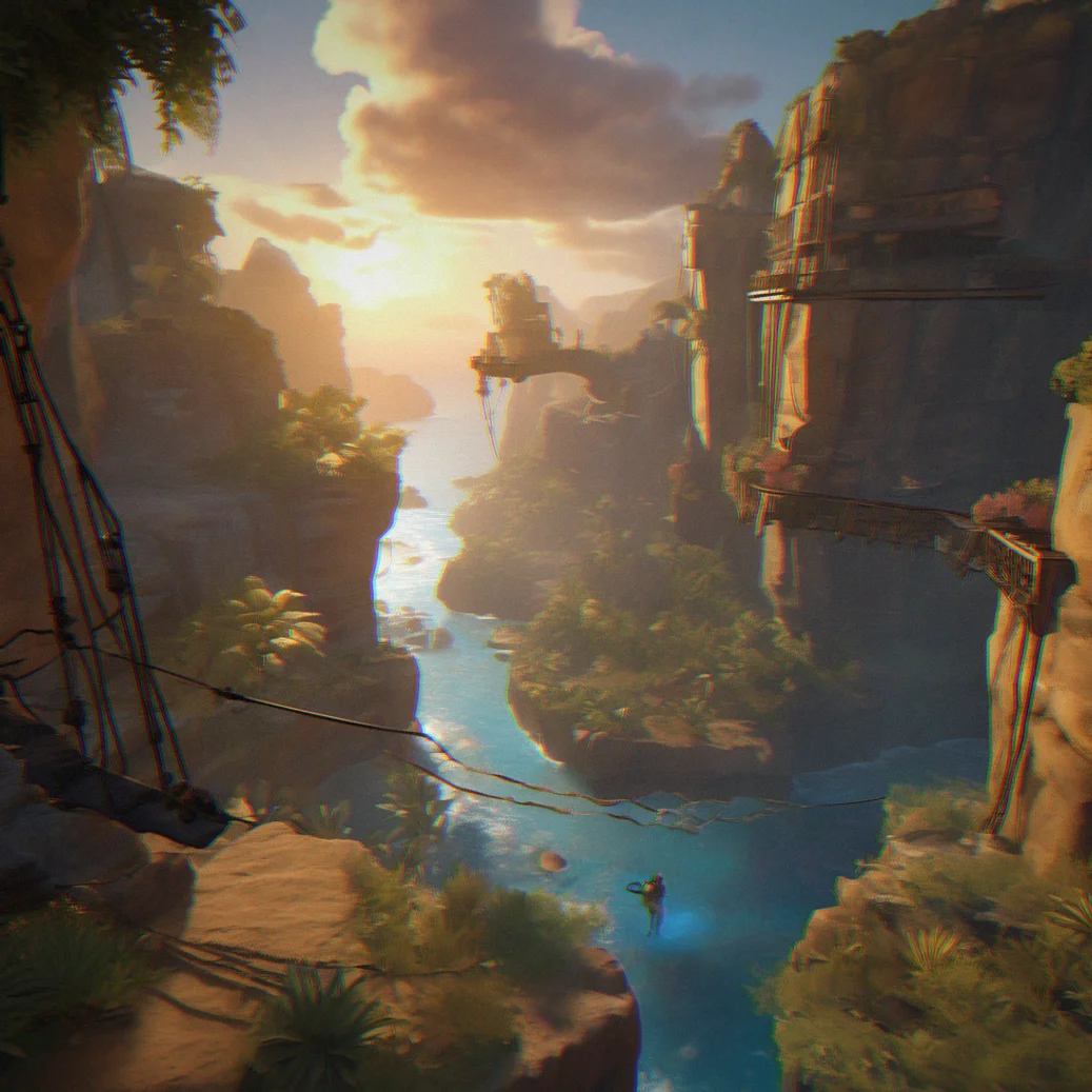 Player character working through a pulley system built into canyon walls, rope threaded through worn stone channels with water visible in the ravine below