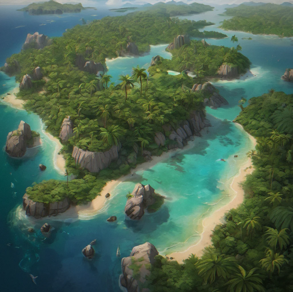 High vantage point looking down at an island's three zones—rocky outcrops with weathered stone faces, a thick forest of tall pines inland and swampy mangrove areas closer to the water