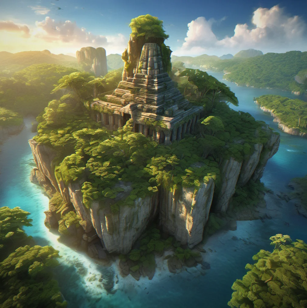 Wide-angle view of island landscape showing weathered stone temple ruins nestled between limestone cliffs and dense forest canopy